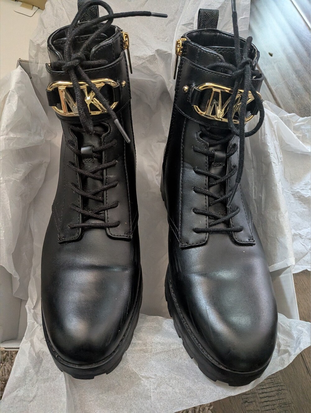Michael Kors Black Leather Combat Boots with Gold MK Accent Size 9